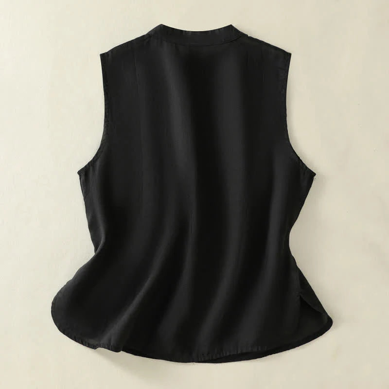 Buddha Stones Summer Retro Plain Frog-Button Stand Collar Women's Sleeveless Vest