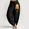 Buddha Stones Cotton Full Moon Lotus Flower Pattern Women's Elastic Waist Harem Pants