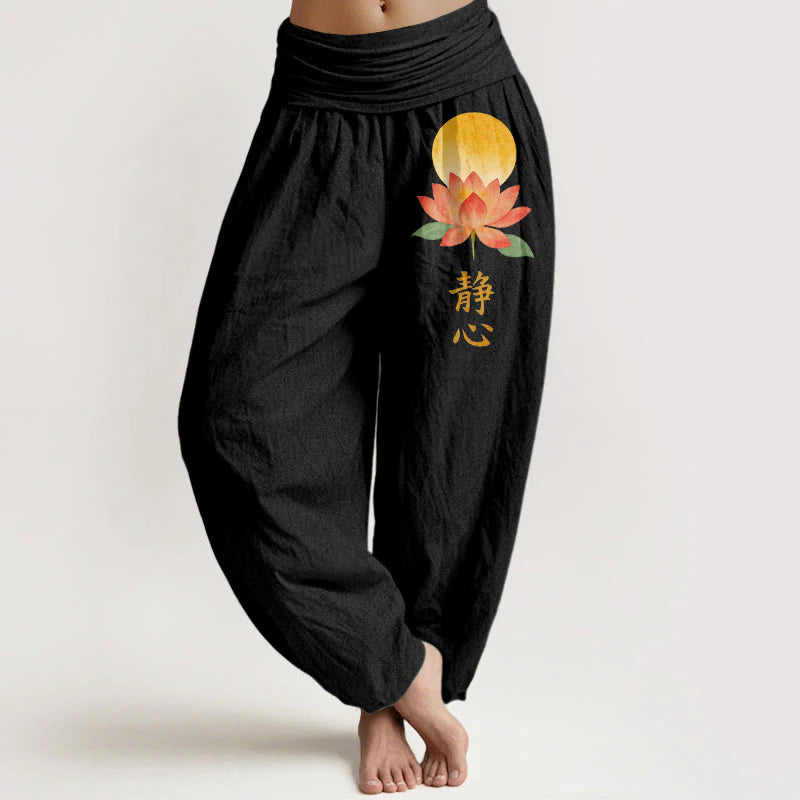 Buddha Stones Cotton Full Moon Lotus Flower Pattern Women's Elastic Waist Harem Pants