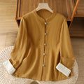 Buddha Stones Color Contrast Design Chinese Frog-Button Long Sleeve Women's Linen Shirt