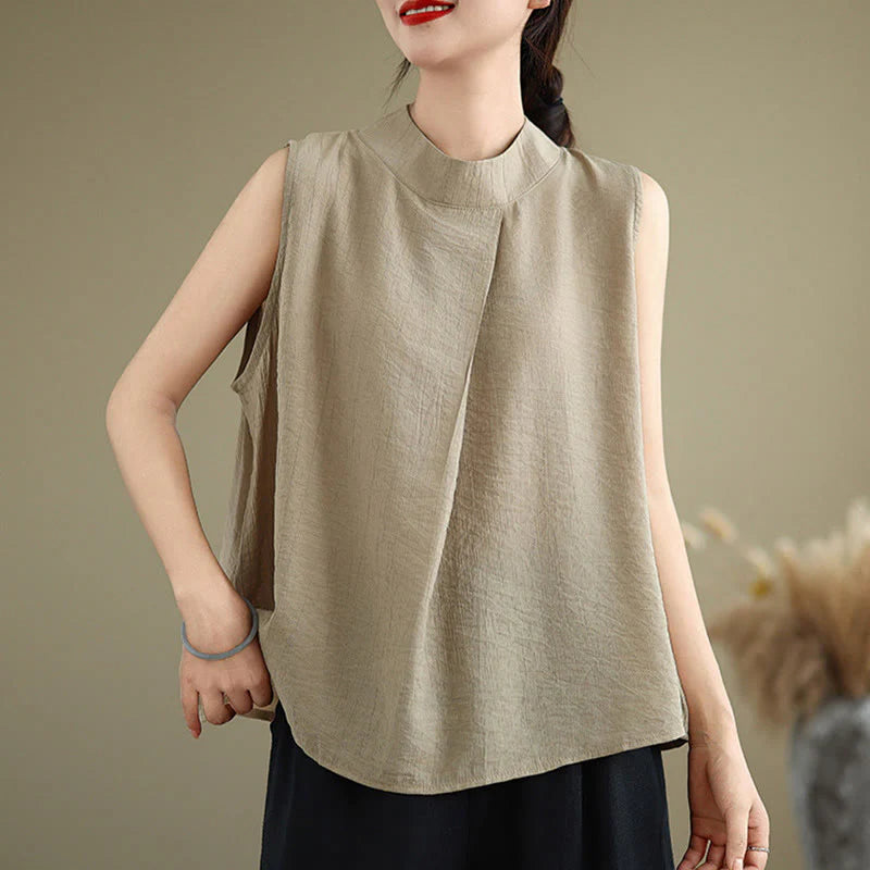 Buddha Stones Casual Plain Back Buttom Design Stand Collar Cotton Linen Women's Sleeveless Vest