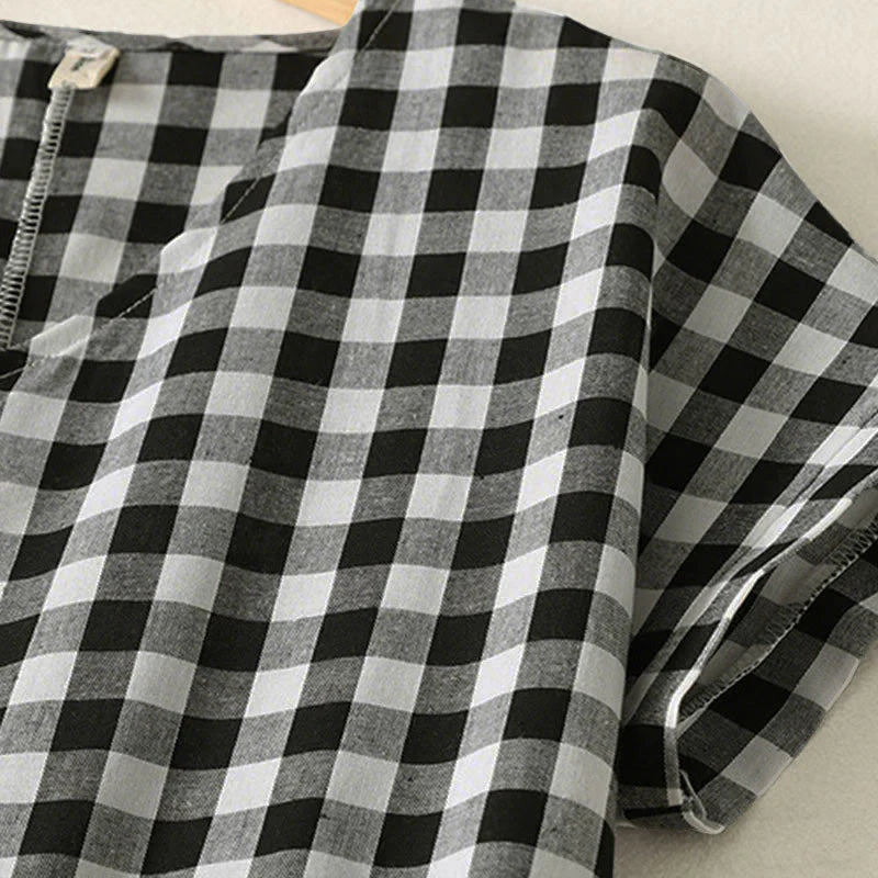 Buddha Stones Casual V-neck Short Sleeve Cotton Plaid Summer Midi Dress
