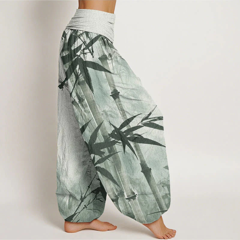 Buddha Stones Cotton Casual Bamboo Leaves Dragonfly Pattern Women's Elastic Waist Harem Pants