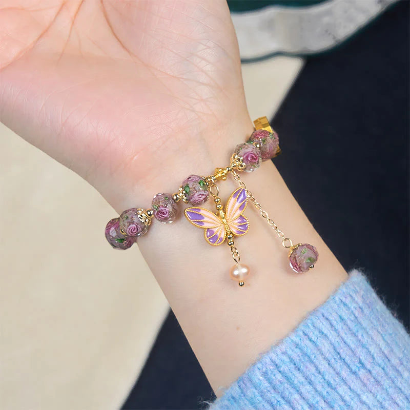 Buddha Stones Double Butterflies Charm Flower Liuli Glass Beaded Love Bracelet