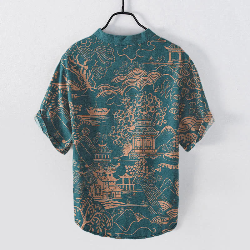 Buddha Stones Cotton Nature Towers Landscape Pattern Men's Short Sleeve Half Button Shirt