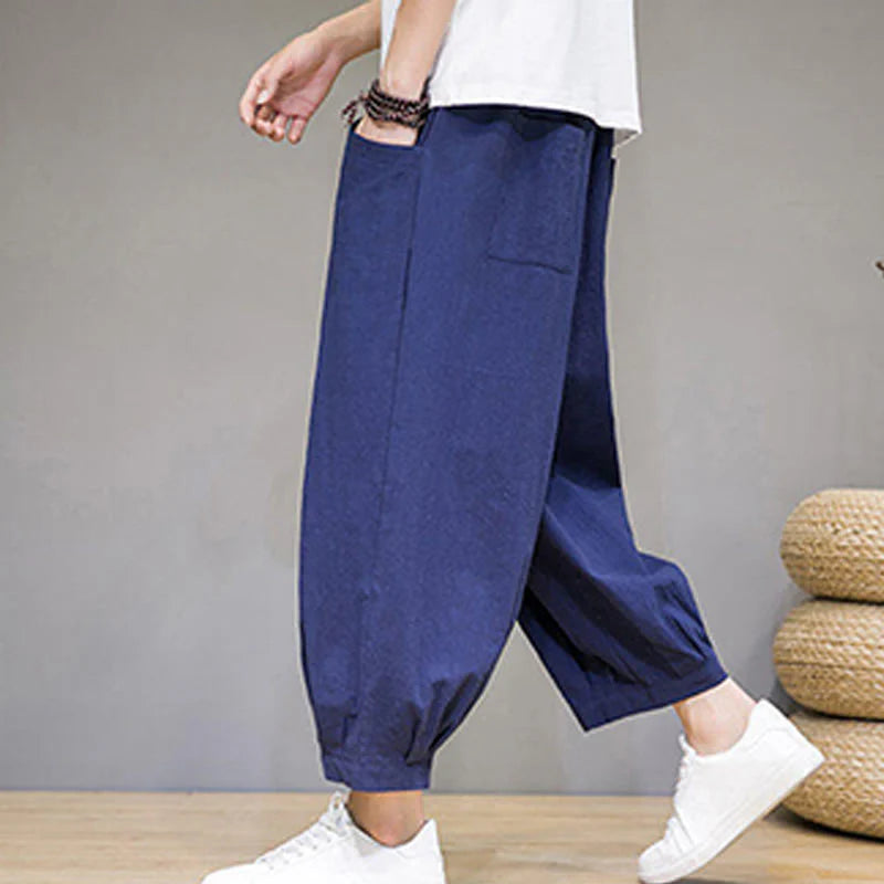 Buddha Stones Simple Cotton Men's Cropped Capri Harem Pants With Pockets