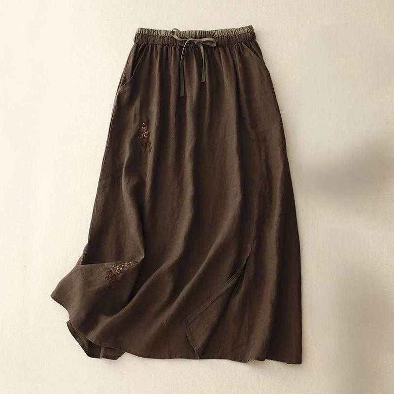 Buddha Stones Vintage Solid Embroidery Drawstring Women's Skirt With Pockets