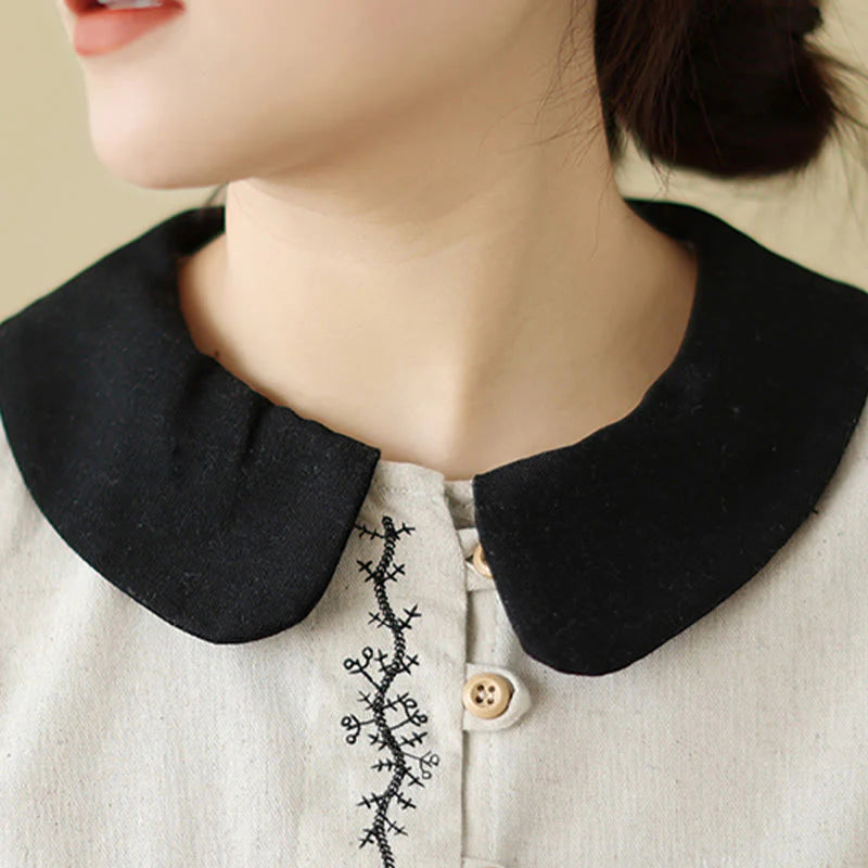 Buddha Stones Spring Embroidery Buttons Design Women's Cotton Peter Pan Collar Long Sleeve Shirt