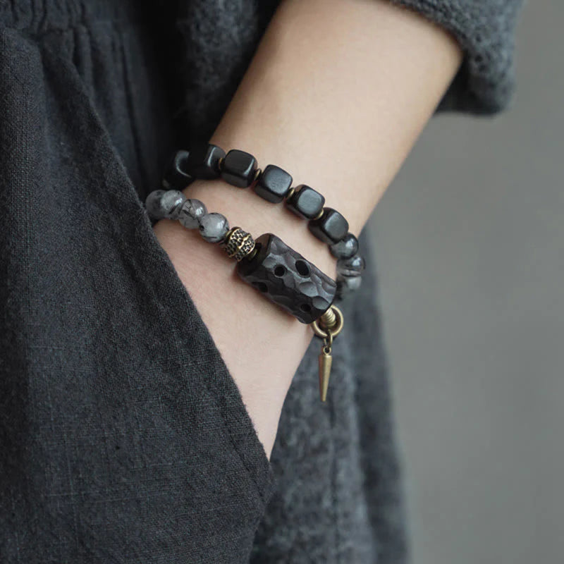 Buddha Stones Ebony Wood Black Rutilated Quartz Copper Brass Double Wrap Balance Bracelet (Extra 30% Off | USE CODE: FS30)