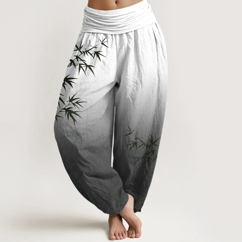 Buddha Stones Casual Bamboo Leaves Gradient Pattern Pure Cotton Women's Elastic Waist Harem Pants