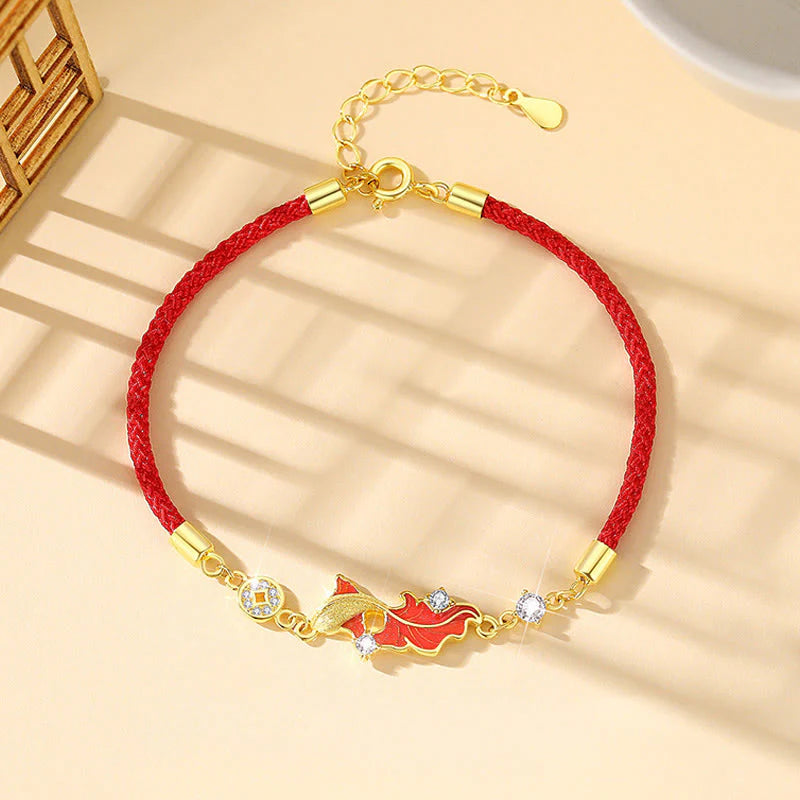 Buddha Stones 925 Sterling Silver Koi Fish Design Red String Blessing Bracelet