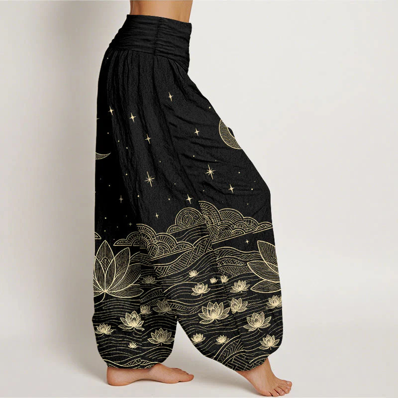 Buddha Stones Pure Cotton Elegant Moon Star Cloud Lotus Flower Water Ripple Pattern Women's Elastic Waist Harem Pants