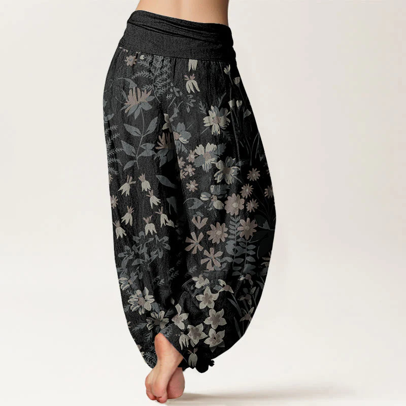 Buddha Stones Cotton Casual Daisy Flowers Leaves Design Women's Elastic Waist Harem Pants