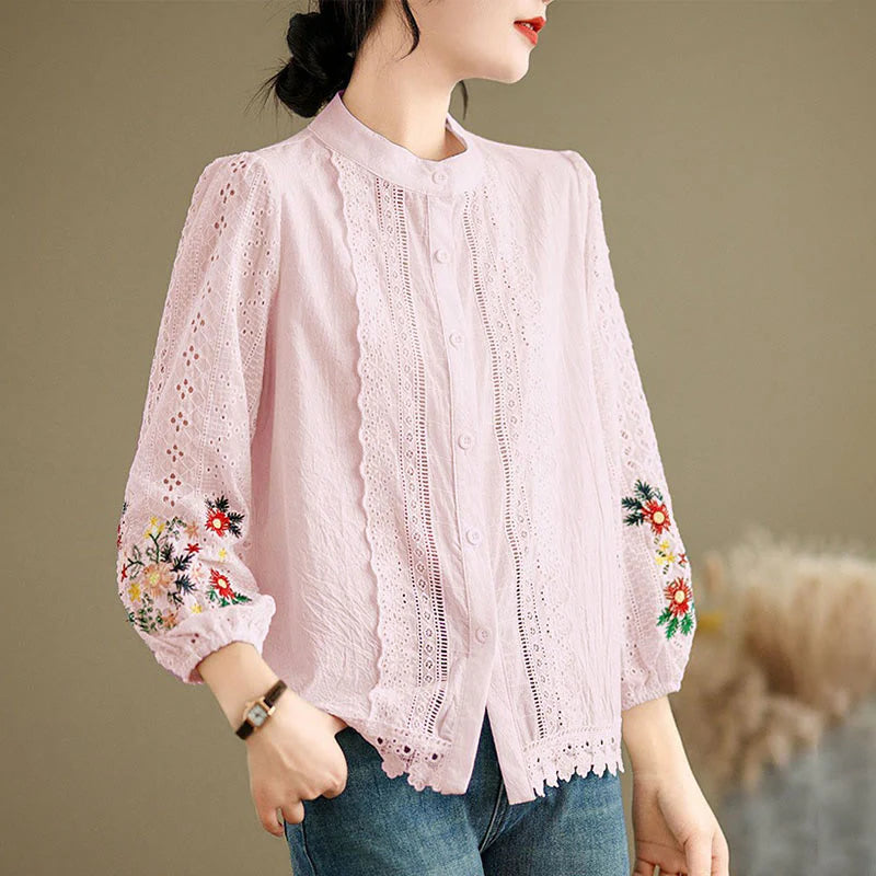 Buddha Stones Fall Lace Embroidery Flower Leaf Pattern Stand Collar Buttons Women's Long Sleeve Shirt