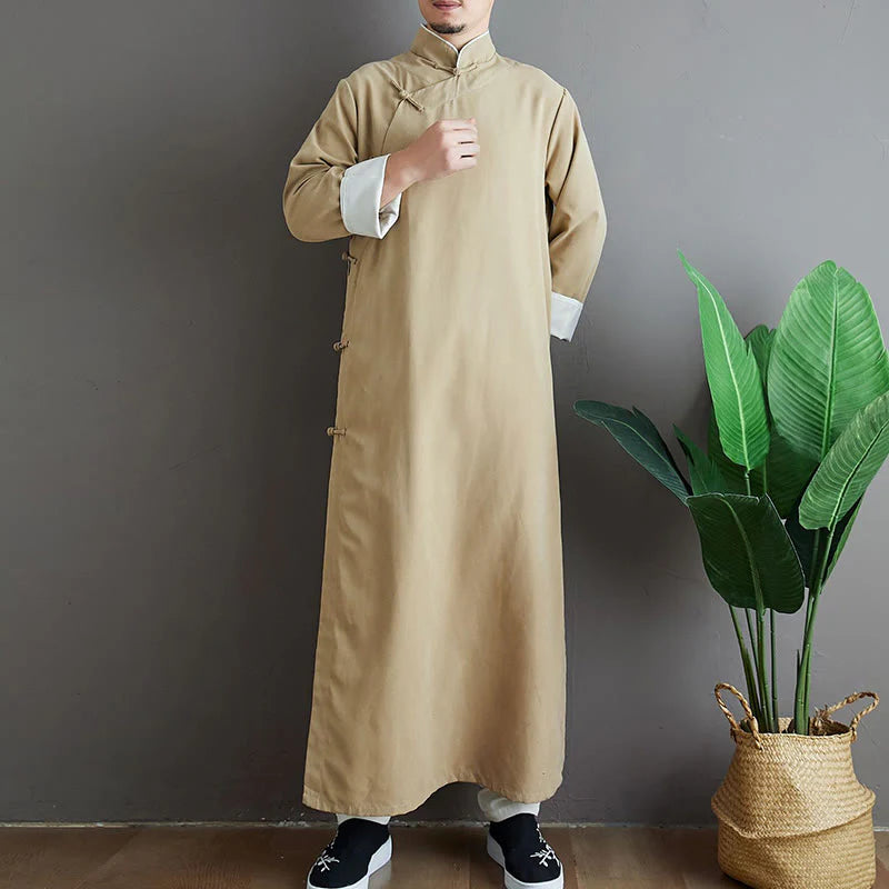 Buddha Stones Fall Solid Color Chinese Frog-Button Cotton Men's Tang Suit Robe
