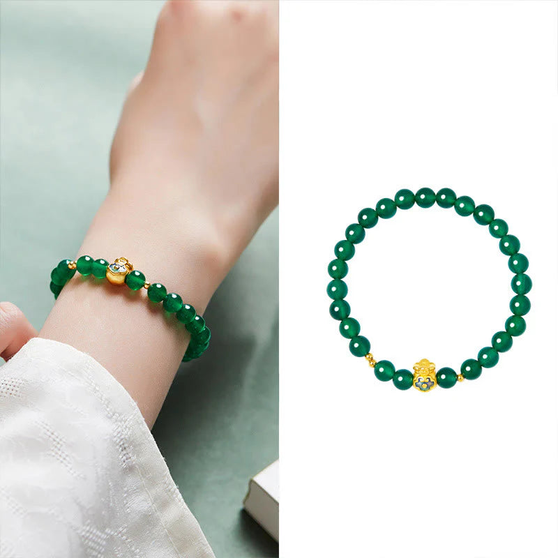 Buddha Stones 999 Sterling Silver Lucky Bag Green Chalcedony Calm Bracelet