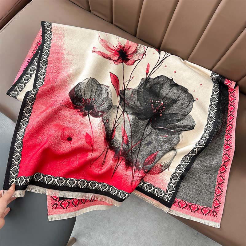 Buddha Stones Winter Ink Painting Lotus Flowers Leaves Pattern Soft Scarf Shawl