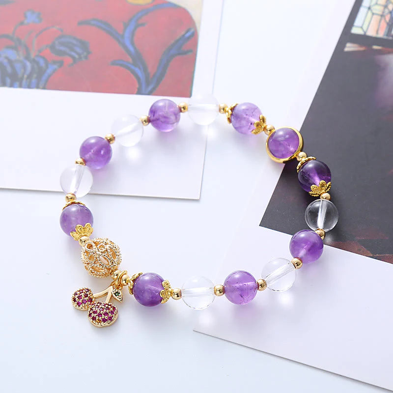 Buddha Stones Natural Amethyst White Crystal Positive Cherry Charm Bracelet