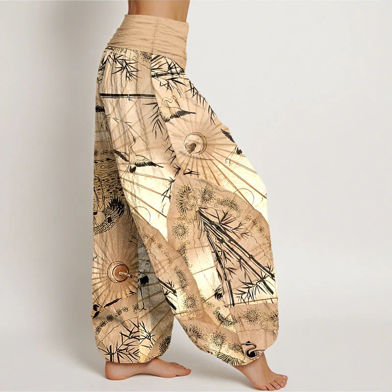 Buddha Stones Pure Cotton Umbrella Crane Bamboo Pattern Women's Elastic Waist Harem Pants