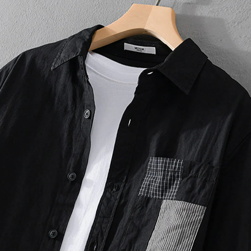 Buddha Stones Fall Square Color Blocking Decorative Pocket Buttons Down Stand Collar Long Sleeve Men's Cotton Shirt