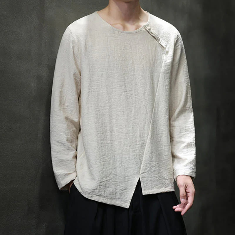 Buddha Stones Solid Color Loose Long Sleeve Round Neck Men's Shirts