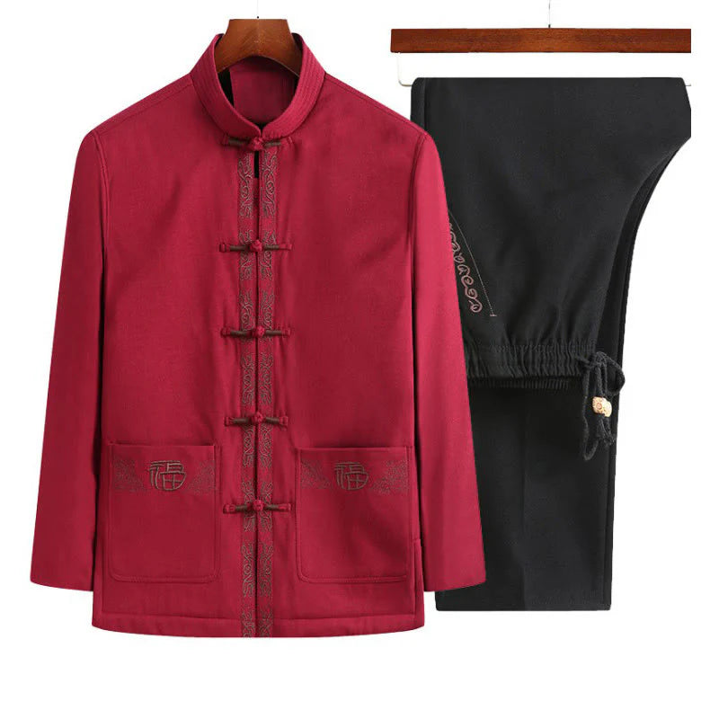 Buddha Stones Fu Character Embroidery Tang Suit Frog-Button Men's Long Sleeve Jacket Shirt Pants