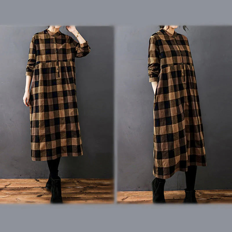 Buddha Stones Commute Patchwork Color Plaid Long Sleeve Cotton Midi Dress