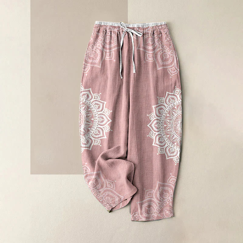 Buddha Stones Pure Cotton Mandala Pattern Women's Elastic Waist Pants With Pockets