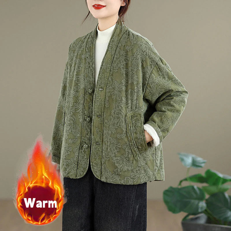 Buddha Stones Winter V-Neck Jacquard Frog-Button Cotton Long Sleeve Women's Thermal Jacket With Pockets