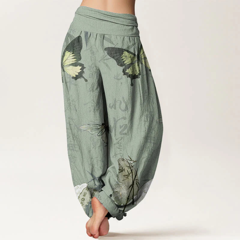 Buddha Stones Cotton Butterfly Bamboo Leaves Chinese Characters Pattern Women's Elastic Waist Harem Pants