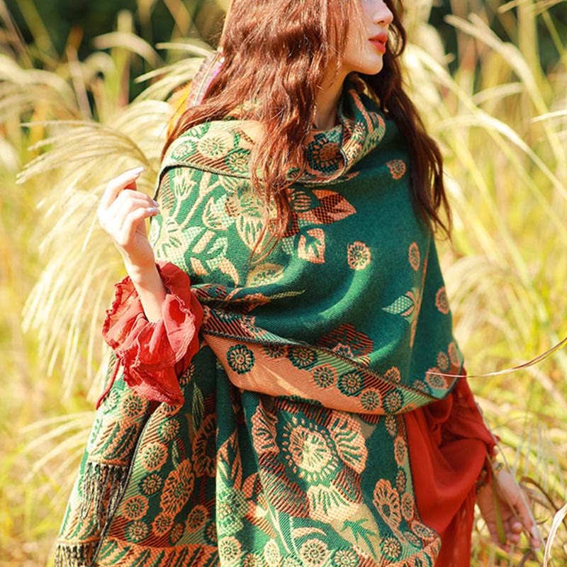 Buddha Stones Jacquard Ethnic Paisley Plants Pattern Tassel Soft Thermal Scarf Shawl