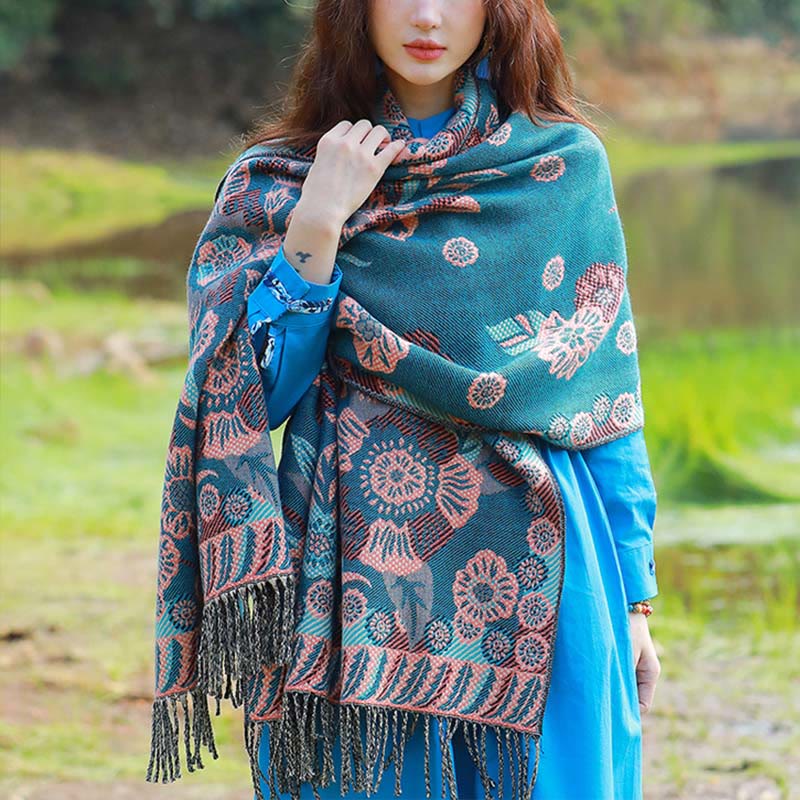 Buddha Stones Jacquard Ethnic Paisley Plants Pattern Tassel Soft Thermal Scarf Shawl
