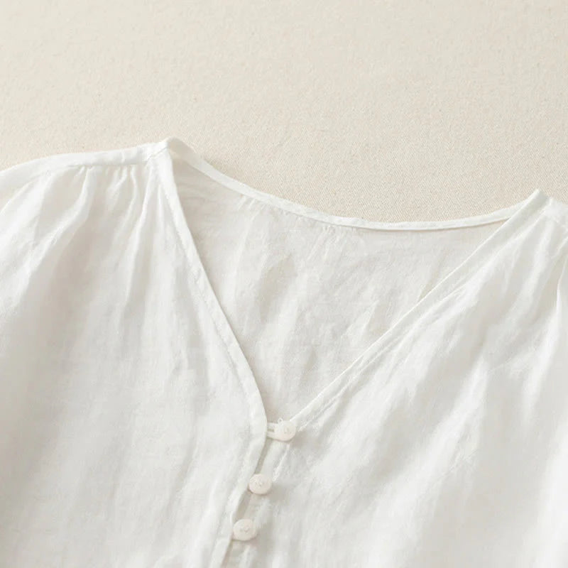Buddha Stones Embroidery Button-down Women's Cotton Linen Shirt