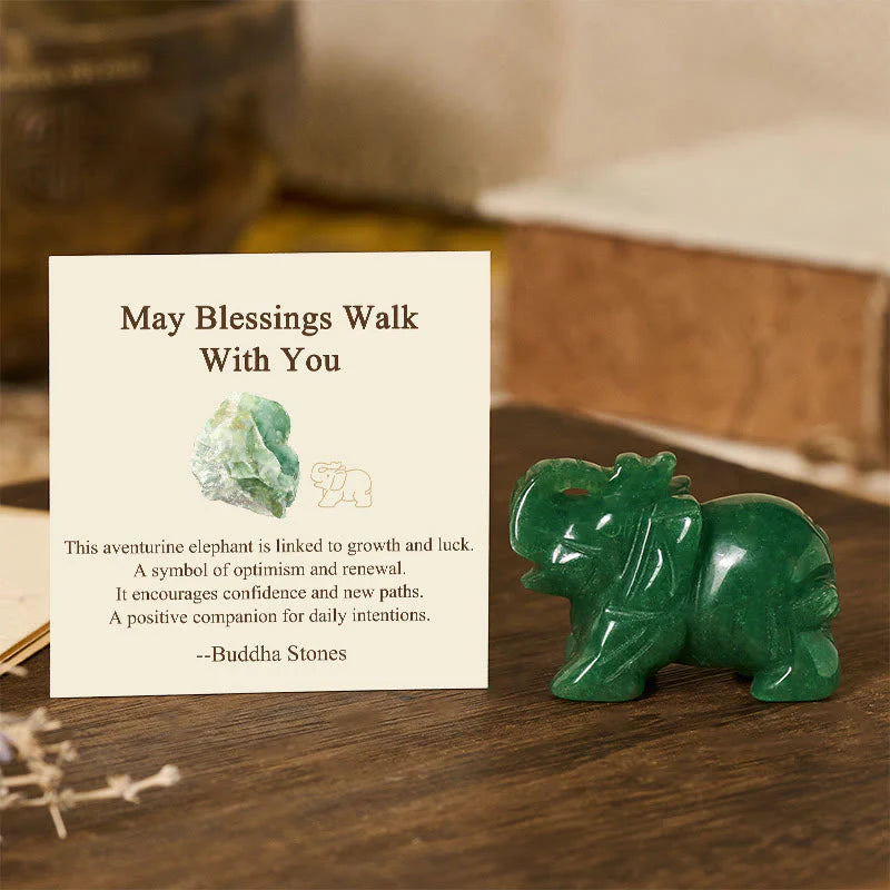 Buddha Stones ''May Blessings Walk With You'' Natural Small Elephant Amazonite Amethyst Jade Black Obsidian Stone Decoration Includes Gift Message Card
