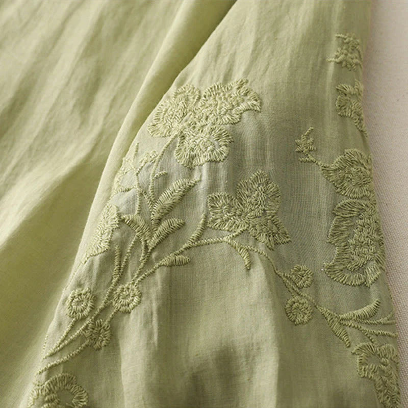 Buddha Stones Embroidery Button-down Women's Cotton Linen Shirt