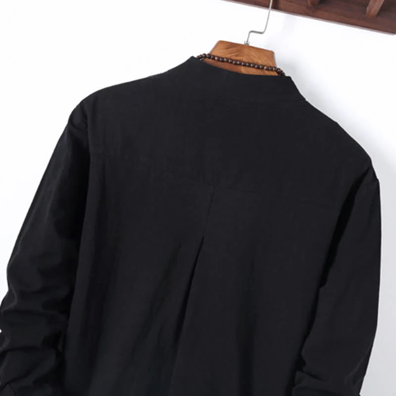 Buddha Stones 2Pcs Solid Color Men's Frog-Button Long Sleeve Cotton Shirt Pants Set With Pockets