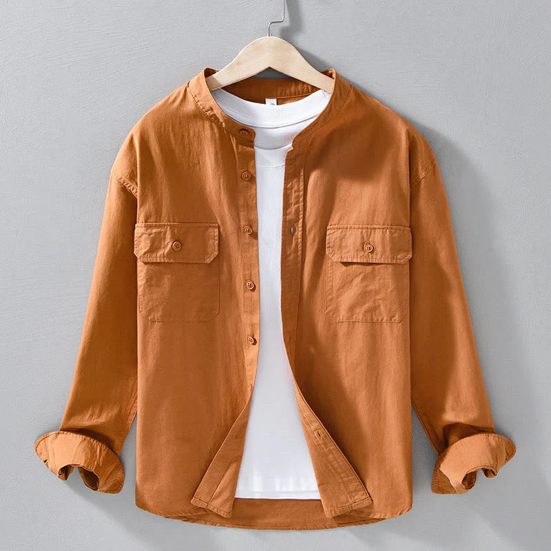 Buddha Stones Crew Neck Solid Color Men's Long Sleeve Cotton Thickened Jacket With Pockets
