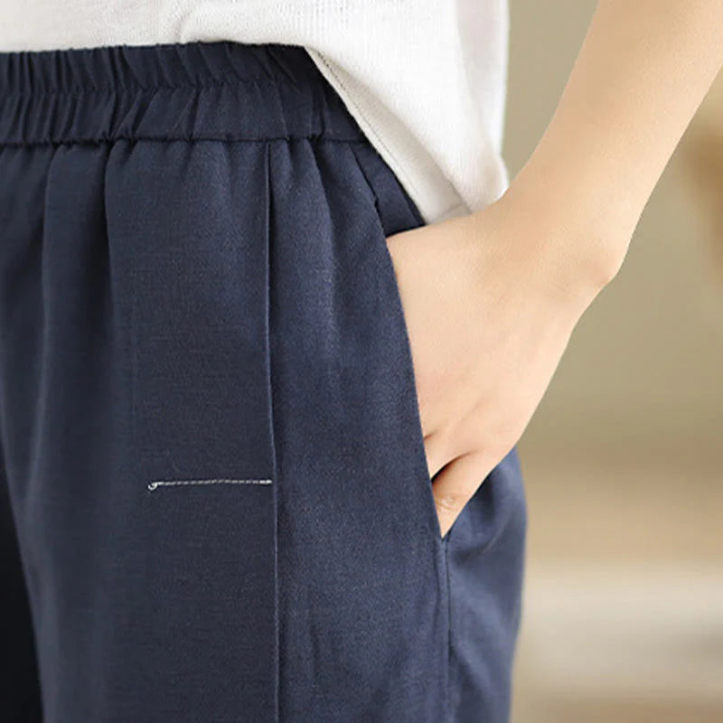 Buddha Stones Spring Casual Navy Simple Line Design Cotton Linen Women's Wide Leg Pants With Pockets