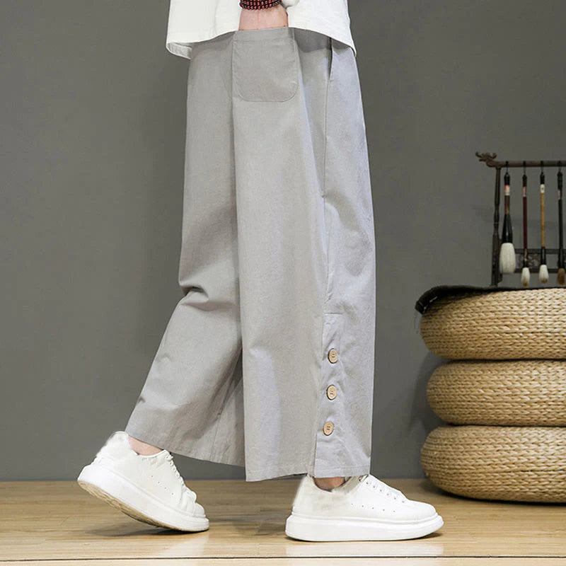 Buddha Stones Solid Color Linen Buttons Drawstring Men's Straight Leg Pants With Pockets