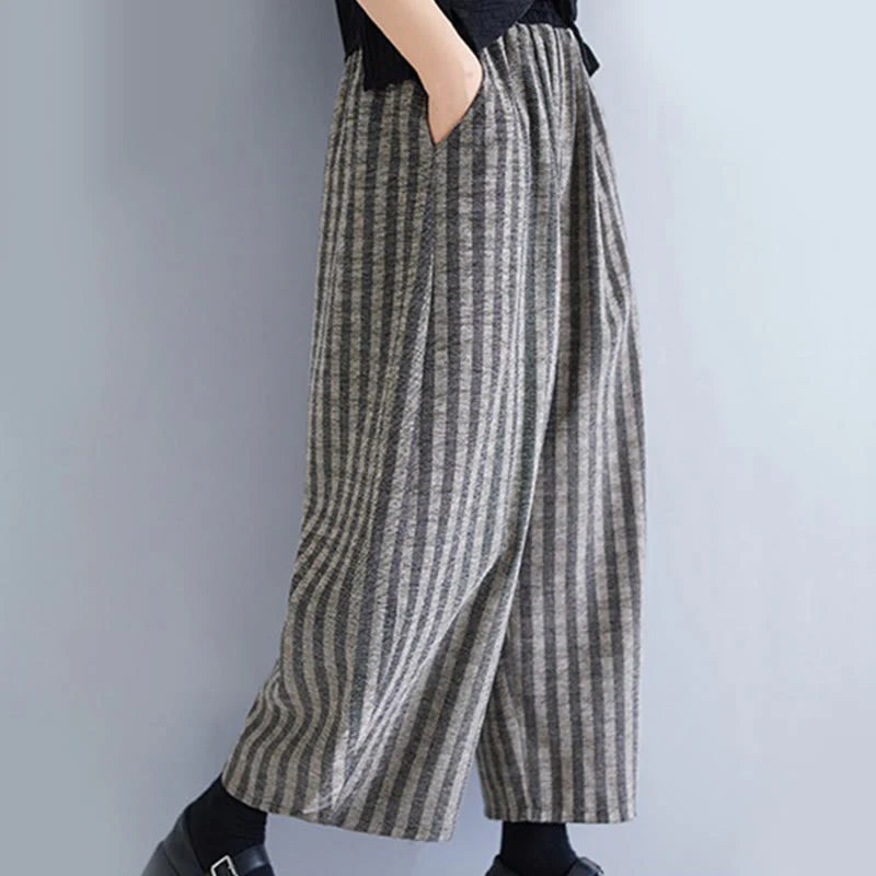 Buddha Stones Casual 7-8 Length Corduroy Stripes Women's Polyester Wide Leg Pants With Pockets