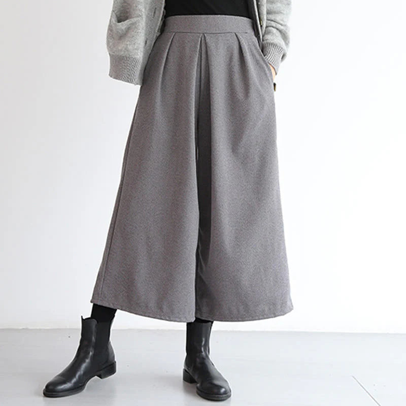 Buddha Stones Plain Elastic Waistband Design Women's 7-8 Length Wide Leg Pants With Pockets