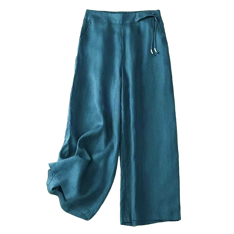 Buddha Stones Casual Solid Color One Button Women's Capri Wide Leg Pants With Pockets