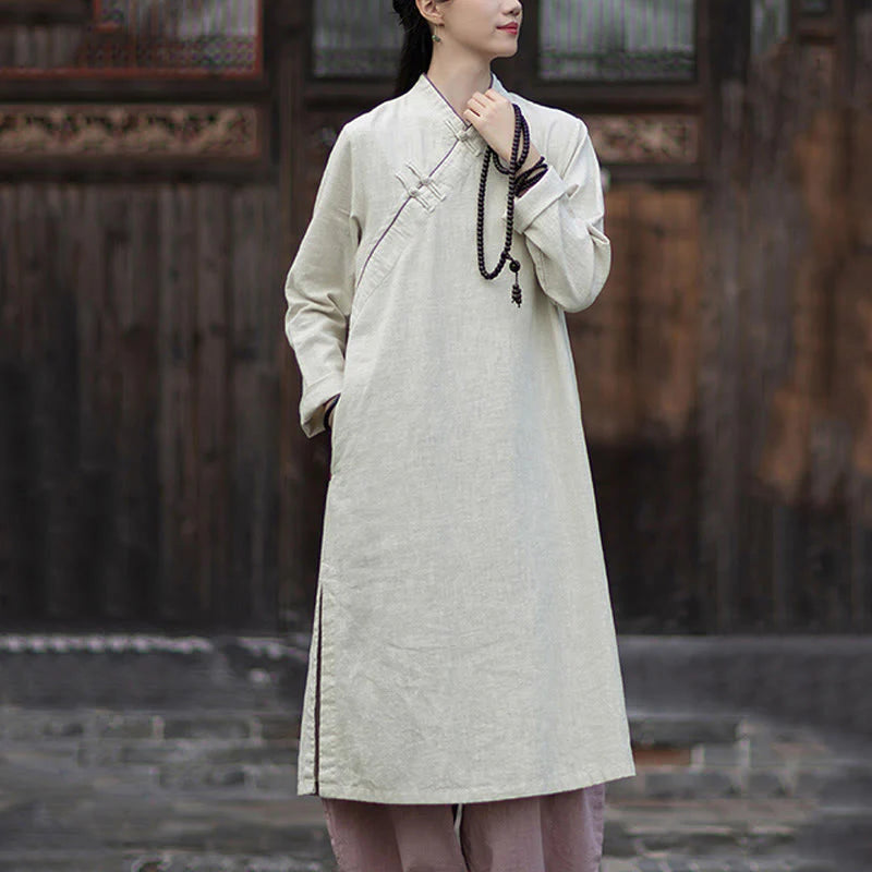 Buddha Stones Solid Frog-Button Long Sleeve Ramie Linen Midi Dress Cheongsam With Pockets