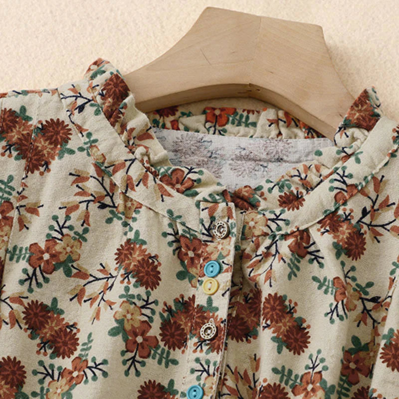 Buddha Stones Fall Floral Print Buttons Down Design Women's Cotton Long Sleeve Shirt