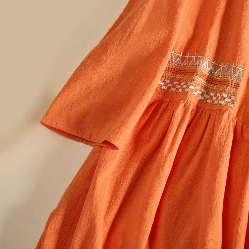Buddha Stones Embroidery Geometry Half Sleeve Women's Midi Dress With Pockets