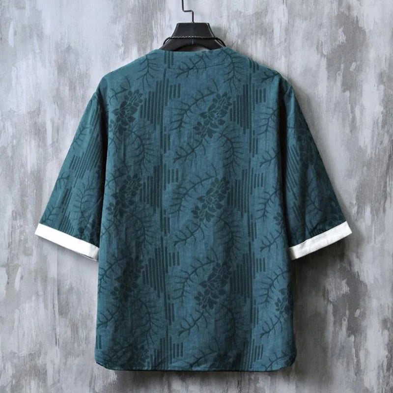 Buddha Stones Summer Floral Pattern Frog-Button Half Sleeve Cotton Men's Shirt