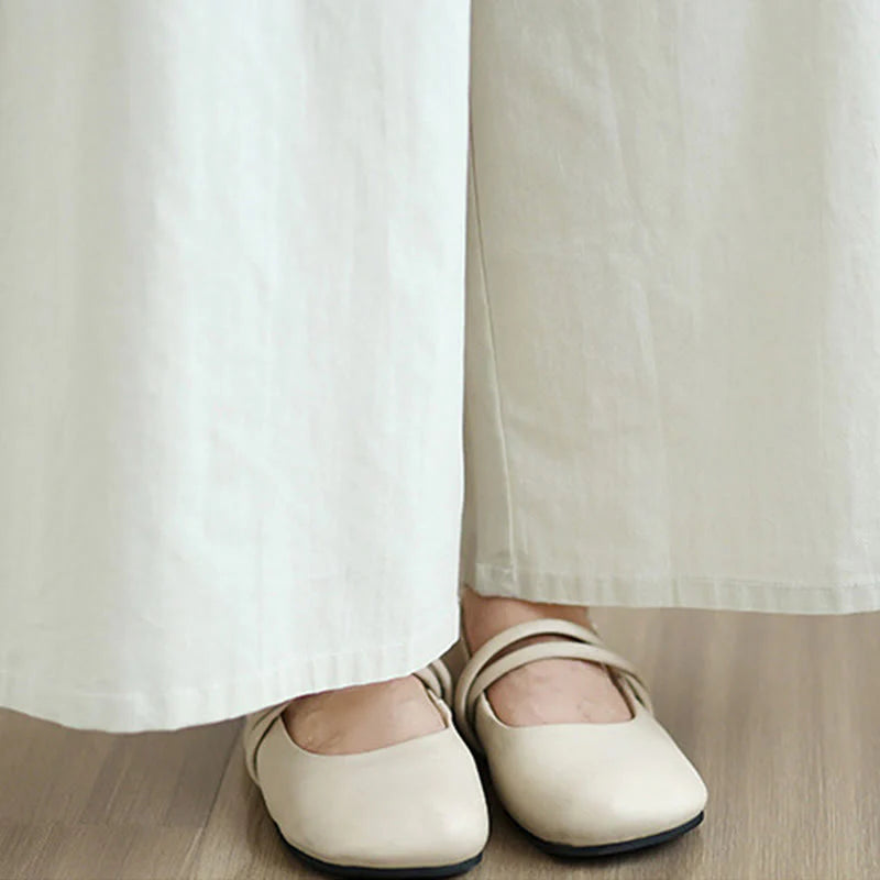 Buddha Stones 2Pcs Fall Solid Color Cotton Buttons Down Long Sleeve Shirt Ankle-Length Wide Leg Pants Women's Set With Pockets