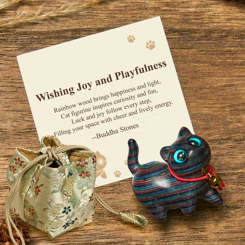 Buddha Stones Wishing Joy and PlayfulnessColored Sandalwood Cat Decor Includes Gift Message Card