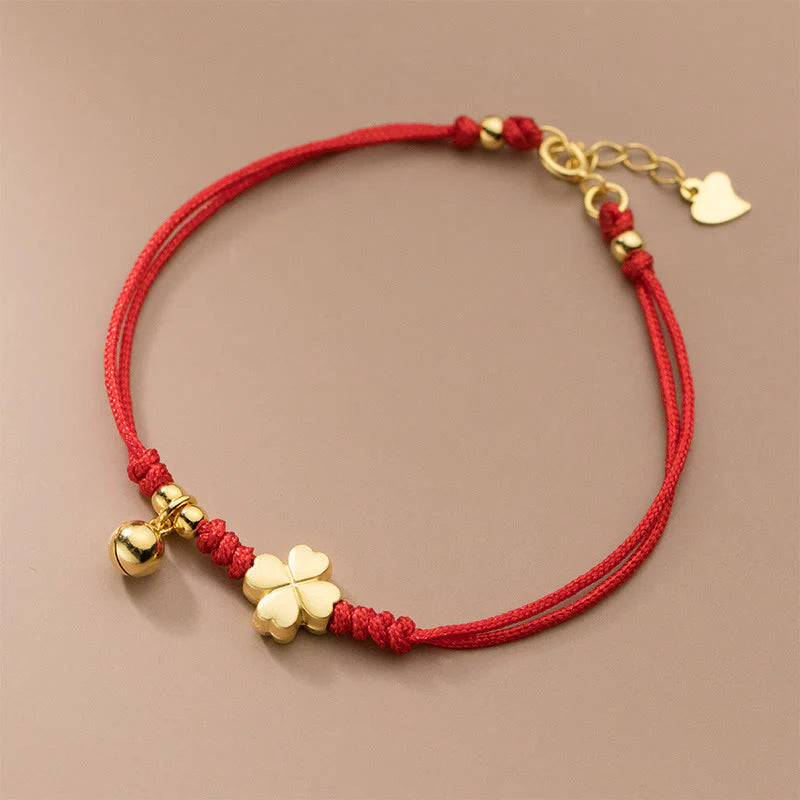 Buddha Stones 925 Sterling Silver Plated Gold Four Leaf Clover Red String Connection Bracelet
