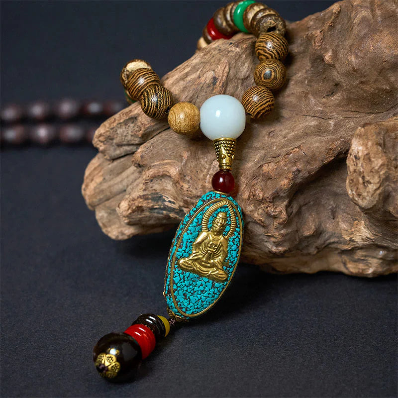 Buddha Stones Vintage Nepal Avalokitesvara Harmony Coconut Shell Beads Pendant Necklace